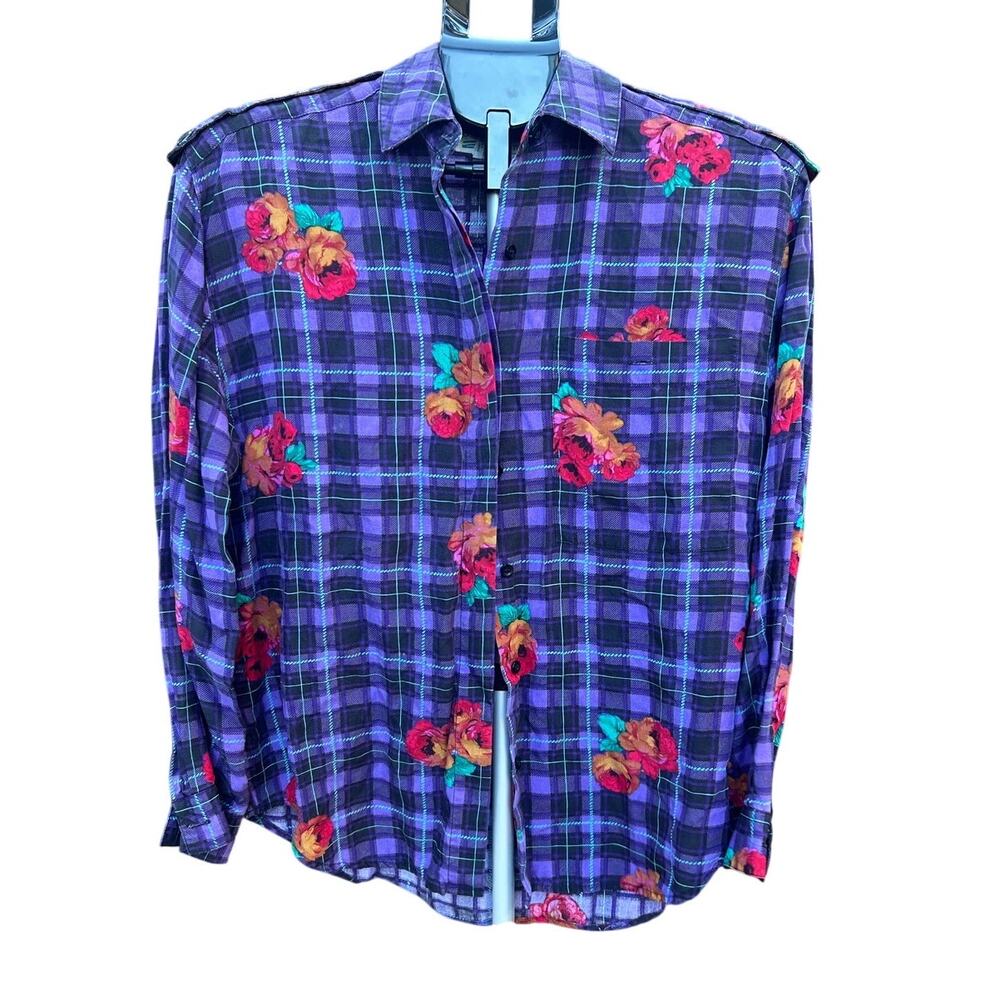 VTG Colorayons by SK & Co Purple Floral Plaid Rayon Shirt Size S Epaulettes
